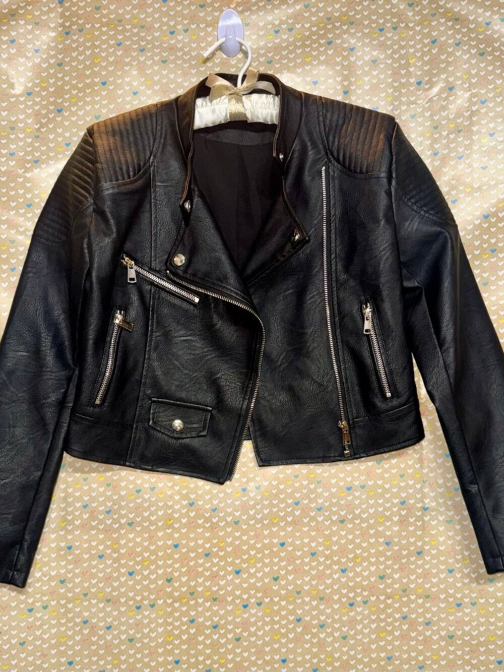 SHEIN Petite Black Faux Leather Quilted Moto Biker Jacket Womens XS